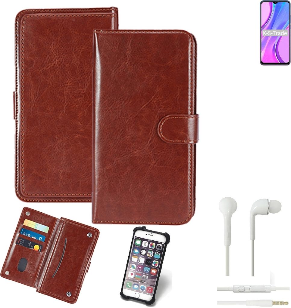 K-S-Trade 360° Hülle kompatibel mit Xiaomi Redmi 9 inkl. Headphones braun Kunstleder Case BookCase WalletCase Kunstlederederhülle Handyhülle,