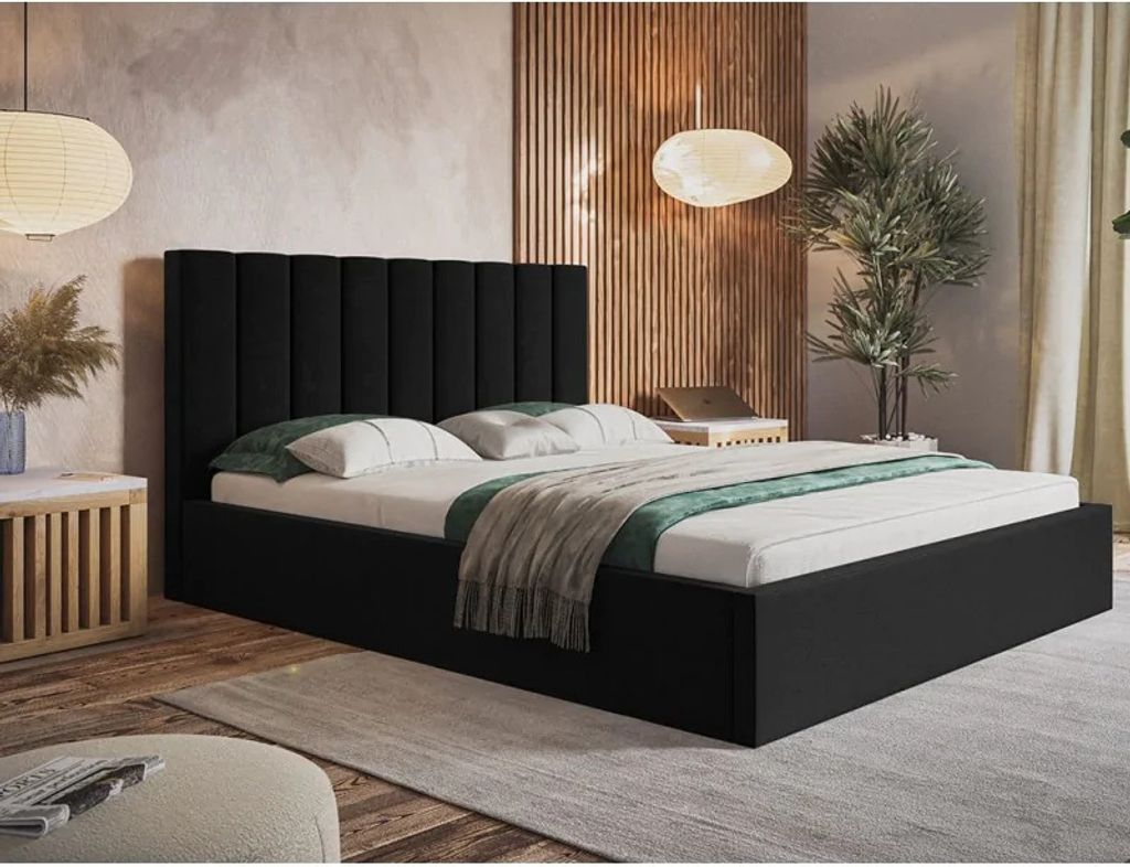 Polsterbett SIM 9 mit Kopfteil, 140x200 cm, Doppelbett mit Bettkasten und Lattenrost aus Holz, Velourstoff, Farbe: Schwarz