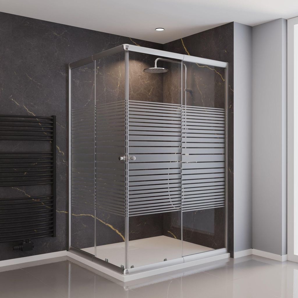 Schulte Eckeinstieg mit Schiebetüren, variabler Verstellbereich: 80-100 x 100-120, 4-teilig, Modell Sunny, 4 mm Sicherheitsglas, Profilfarbe: Silber