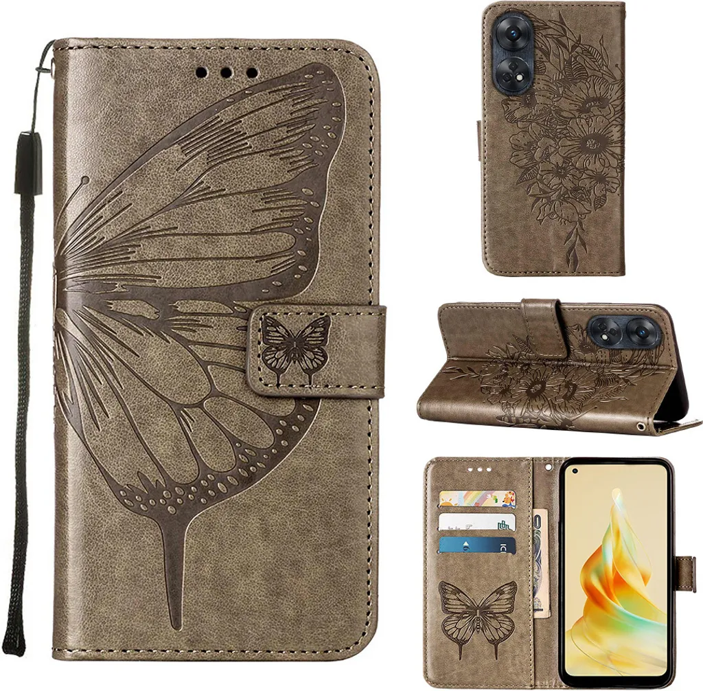 Custodia OPPO Reno8 T 4G con Tasche Carte e Stand - Grigio Butterfly
