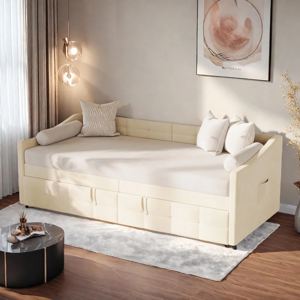 Canapé-lit UnboxG crème velours convertible 90x200 avec poche latérale