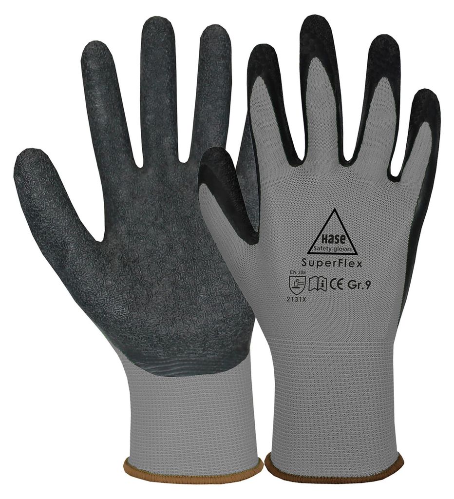 HASE SAFETY GLOVES Latex-Arbeitshandschuhe Superflex, EN 388, EN 420, Größe 9, grau/schwarz