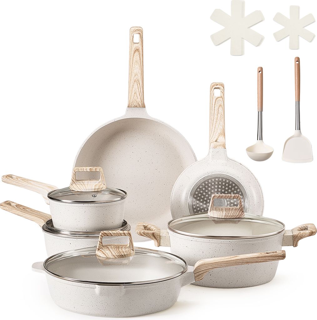 A collection of white cookware with wood-effect handles, including pots, pans, a ladle, and a spatula, arranged on a white background.