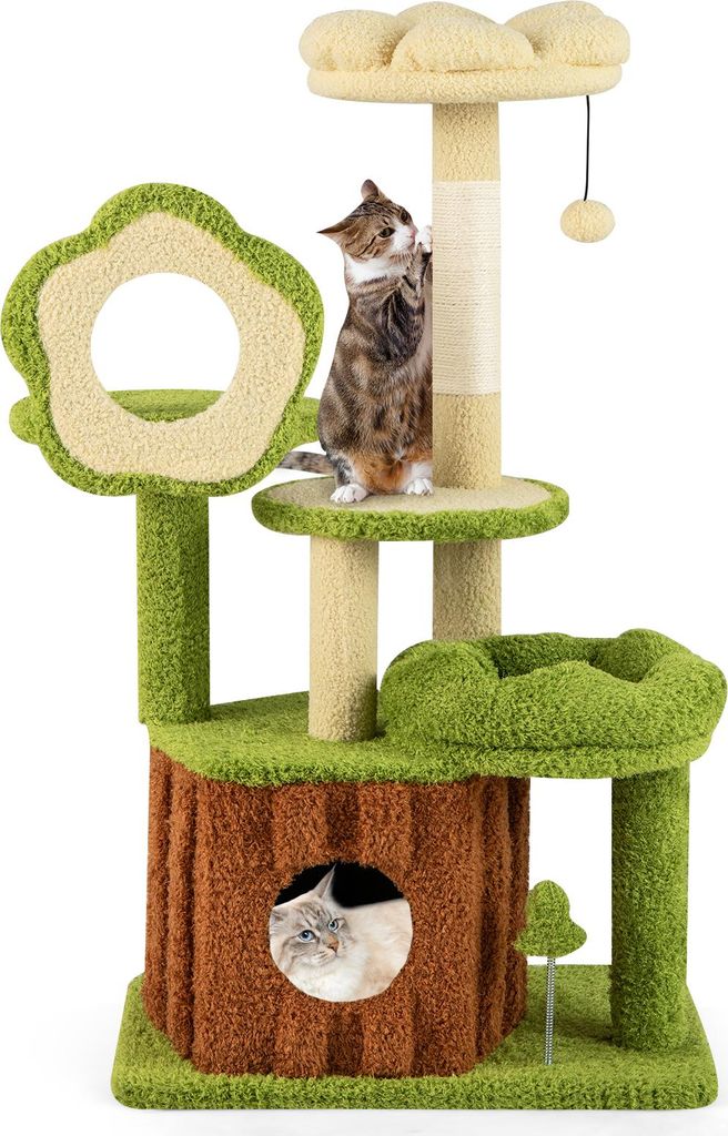 COSTWAY Kratzbaum, Katzenbaum mit Katzenhöhle, Plattformen, Schlafbett, Ball&Kratzsäule, Katzenkratzbaum Katzenmöbel, Grün+Braun 55x40x100 cm