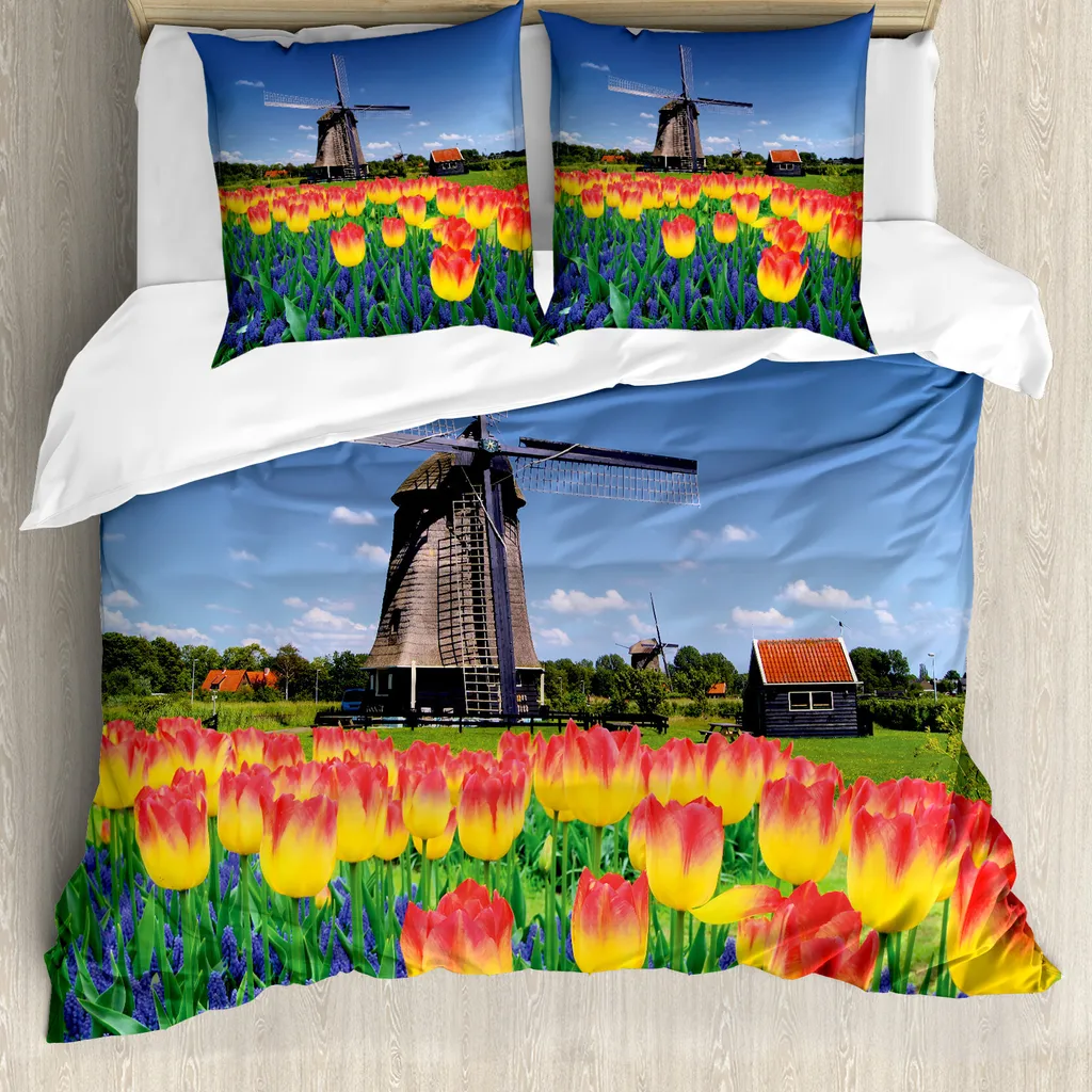 ABAKUHAUS Set copripiumino per letti matrimoniali, tulipani in fiore e mulino a vento, antiacaro, adatto a chi soffre di allergie, con federe, giallo e blu