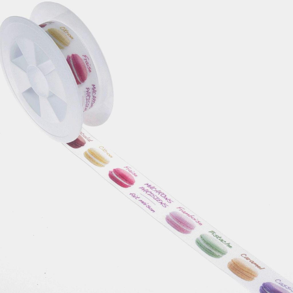 Dekoband "Macarons Parisiens" - weiss-pastelbunt - 25mm - 10 m