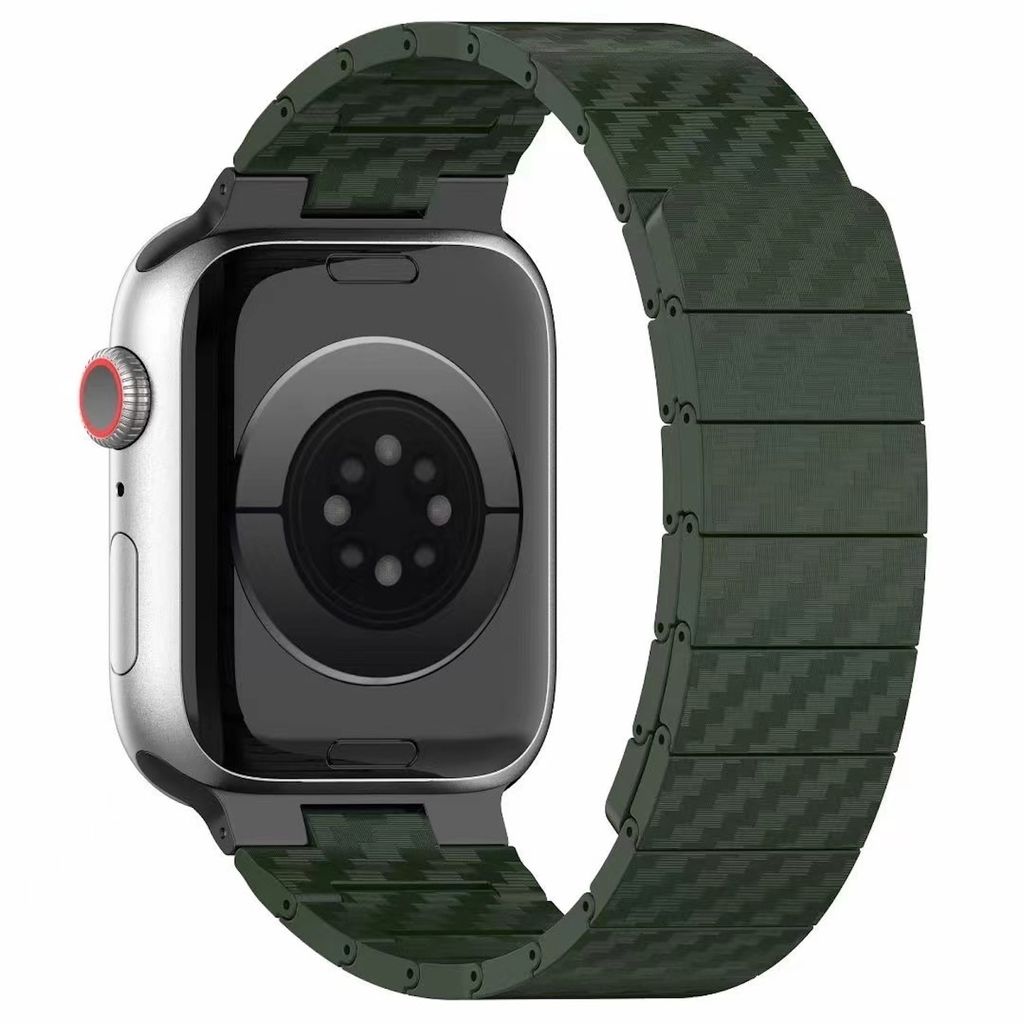 A smartwatch with a green carbon fiber band, viewed from the back.