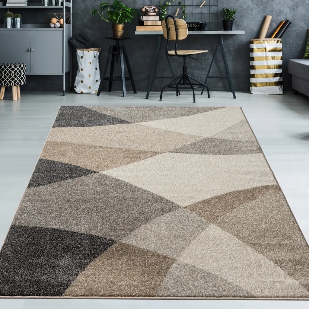 Tapis moderne géométrique gris-beige 140x200 : anti-tache et facile d'entretien