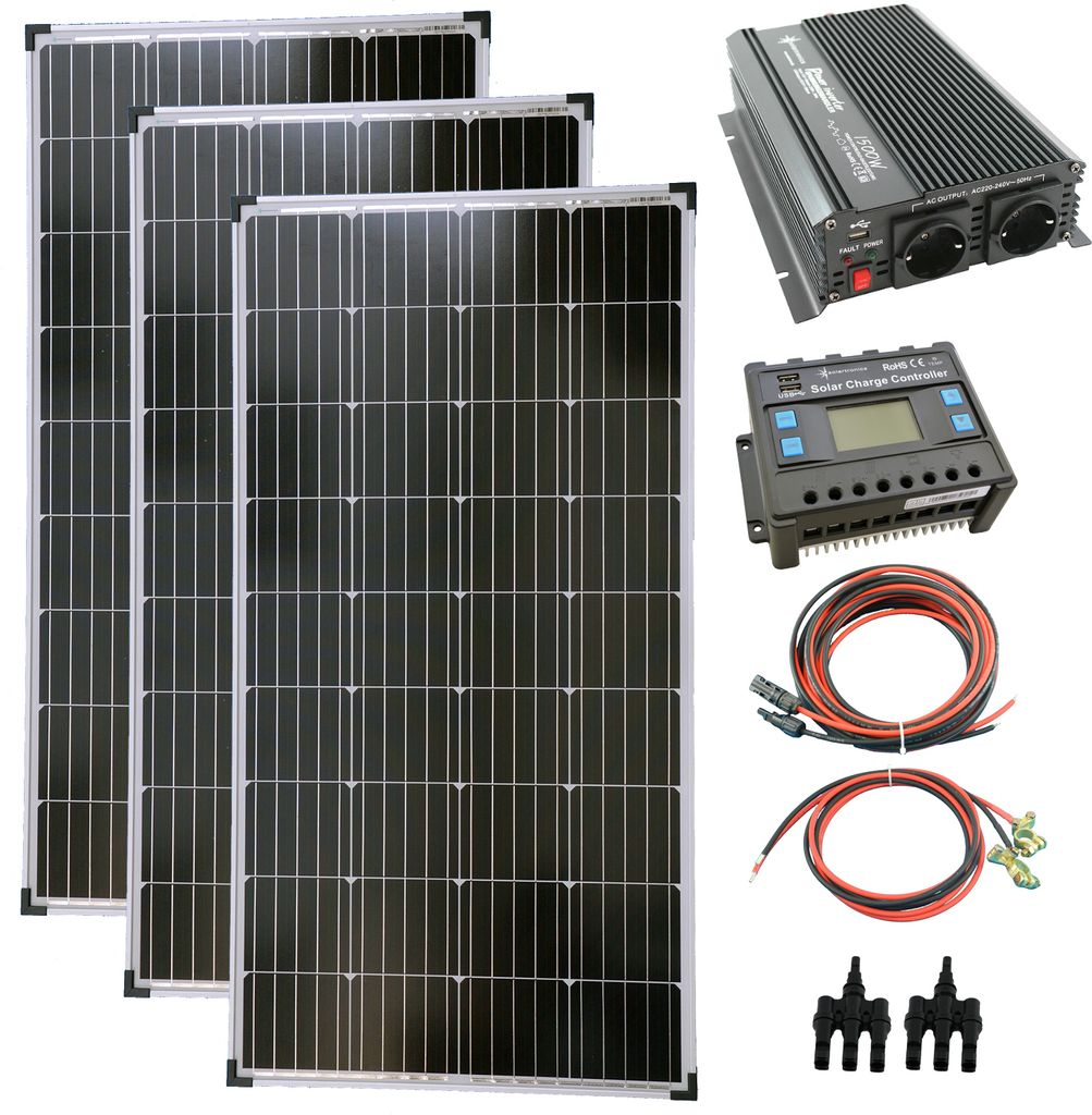 Solar Set 12V 3x130 Watt Solarpanel Kabel Wechselrichter 1500W Solaranlage 30A PV