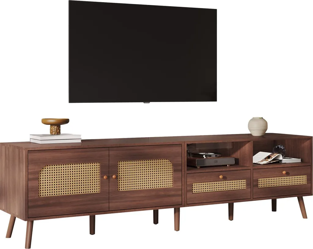 Meuble TV Salon 200 cm Brun et Rotin pour Home Cinéma et Rangement
