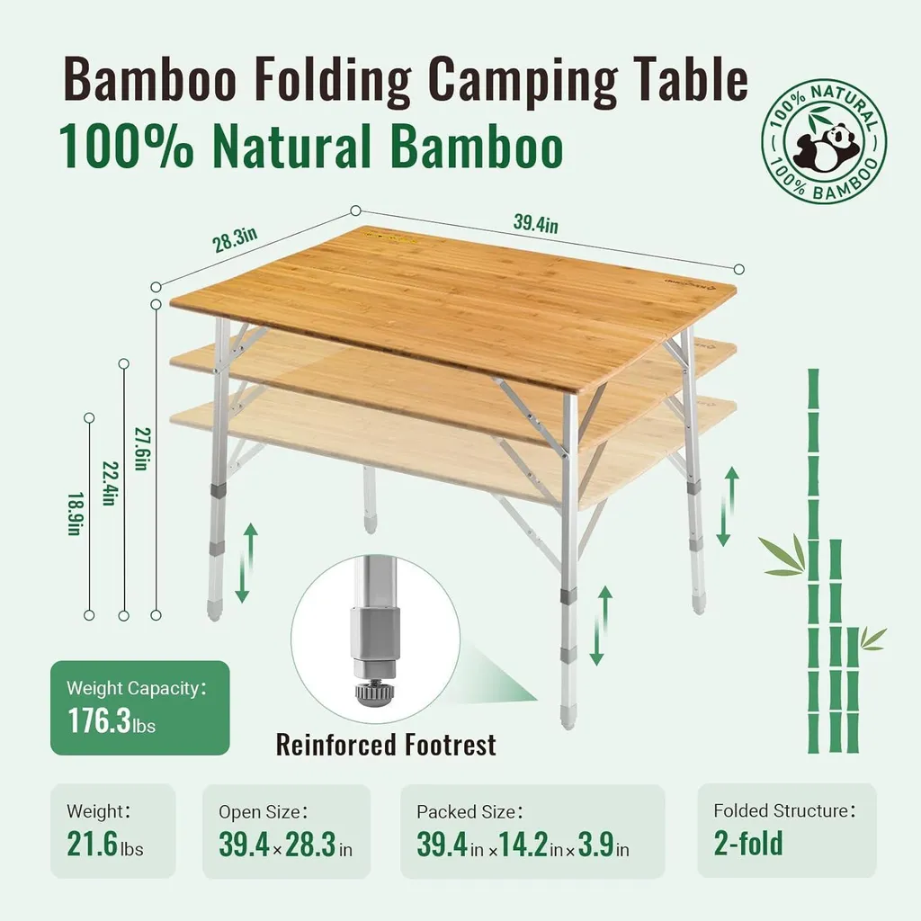 Table de Camping Bambou Hauteur Réglable 120x70 cm KingCamp Robuste - 3