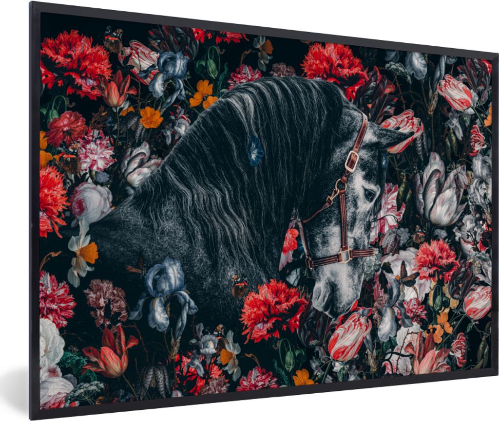 MuchoWow MuchoWow Gerahmtes Poster Pferd - Blumen - Schwarz 30x20 cm - Poster mit zchwarzem Bilderrahmen - Kunstdruck - Bild-Poster