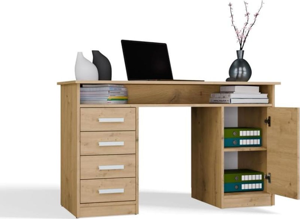 BDW, ADA Schreibtisch mit 4 Schubladen, 125×75×55 cm, 1 Schrank, Artisan-eiche