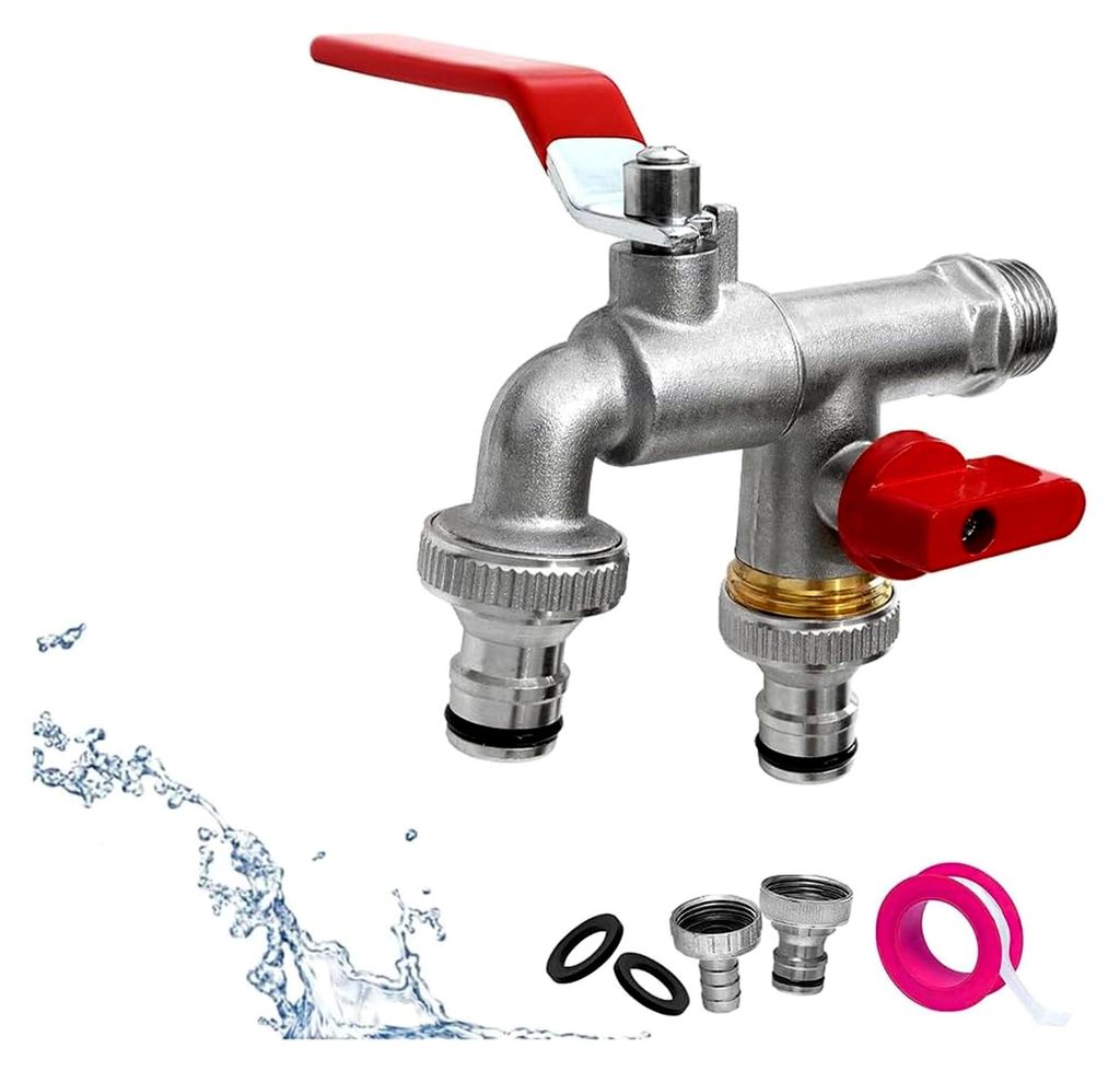 Garten Wasserhahn 1/2 Zoll, Doppel Auslaufhahn mit 2 Schlauchanschlüssen und Rollendichtband für Garten, Haushalt und Industrie