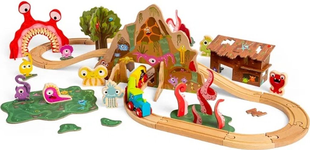Bigjigs Monstereisenbahn-Set aus Holz, 50-teilig. Produktbild 