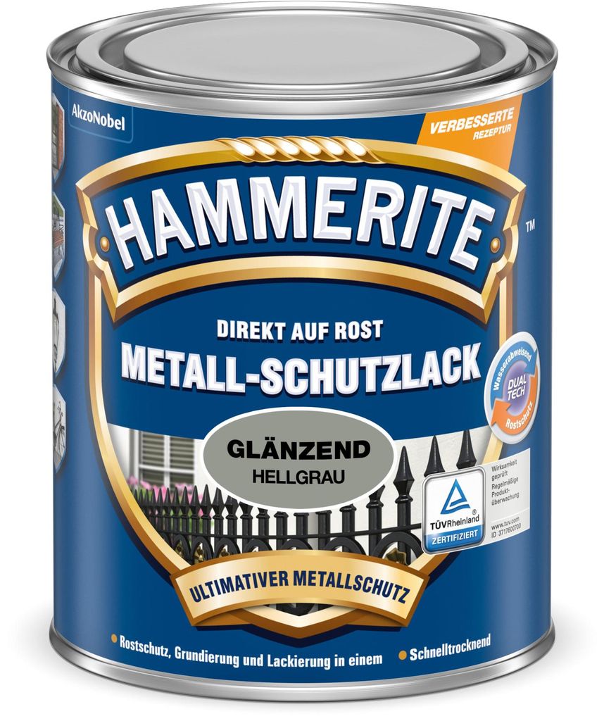 Hammerite Metallschutzlack Glänzend, 3in1-Rostschutz, Hellgrau, 750ml