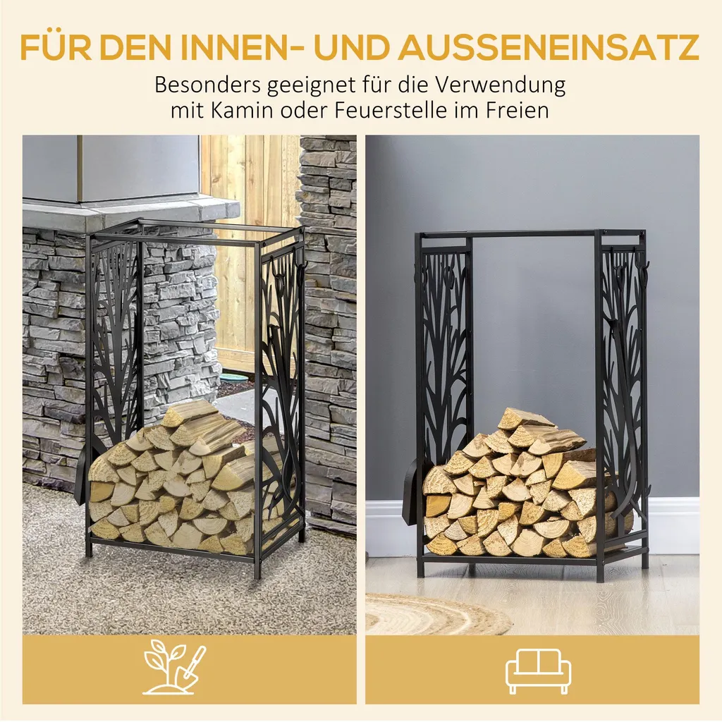 Rangement Bois Intérieur et Extérieur avec Set de 4 Ustensiles de Feu
