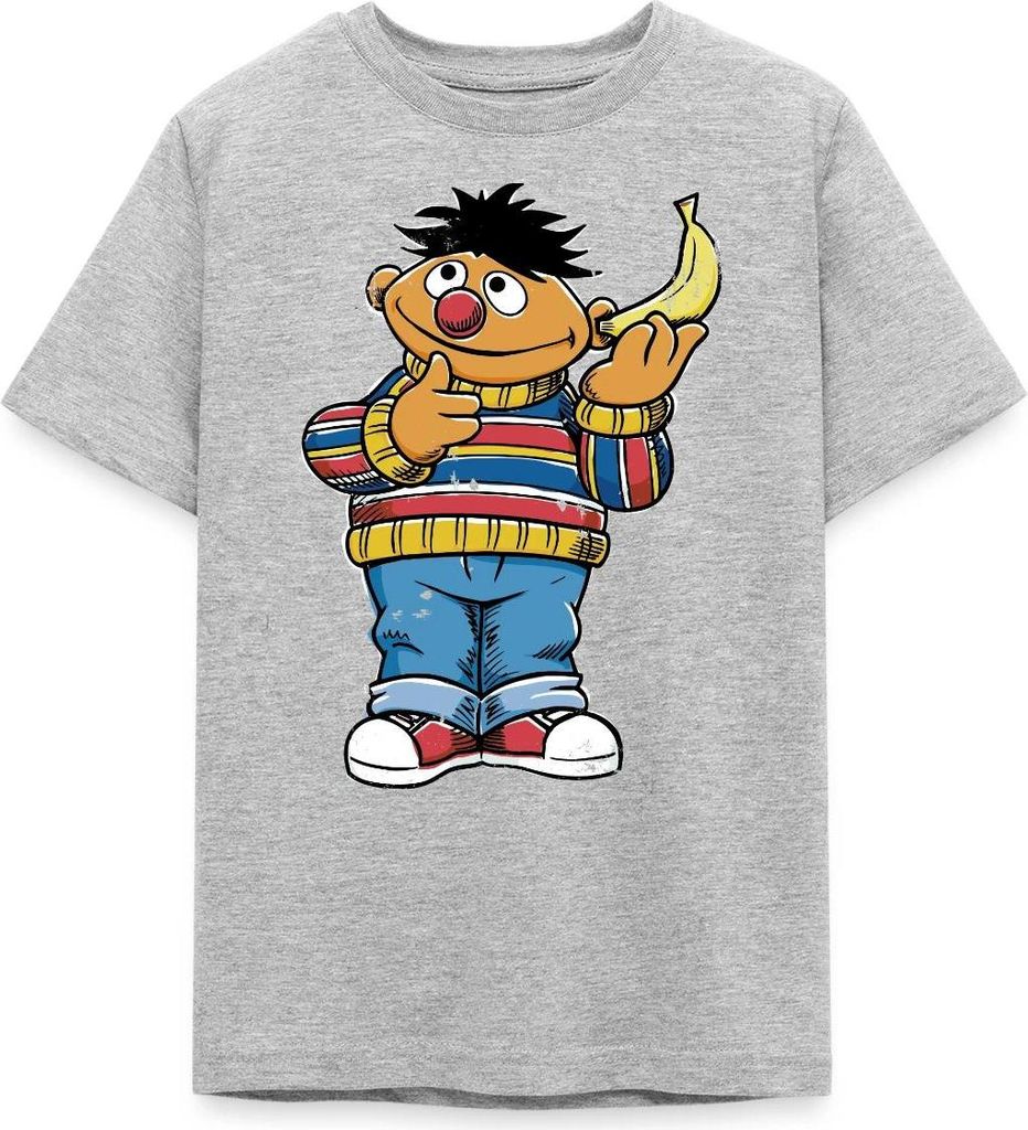 Spreadshirt Sesamstraße Ernie Mit Banane Pose Lustig Used Look Teenager T-Shirt, 152/164 (12-14 Jahre), Grau meliert