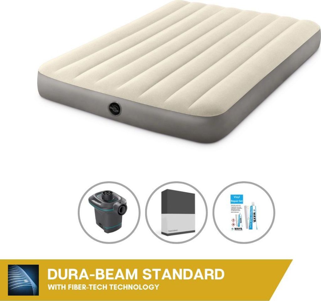 Intex Luftbett - 2 Personen - 137 x 191 x 25 cm - Beige + Intex Elektropumpe - 650 Liter/Min + Spannbettlaken Schwarz + Reperaturset
