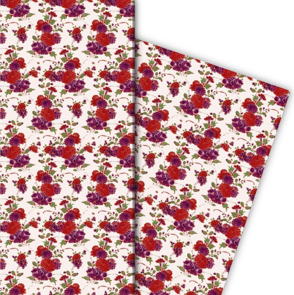 Hübsches Geschenkpapier für tolle Geschenke mit Chinoiserie Blumen auf weiß - G7734, 32 x 48cm