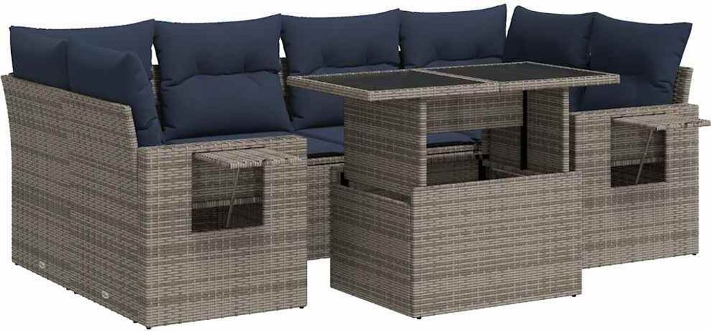 7-tlg. Garten-Sofagarnitur mit Kissen Grau Poly Rattan