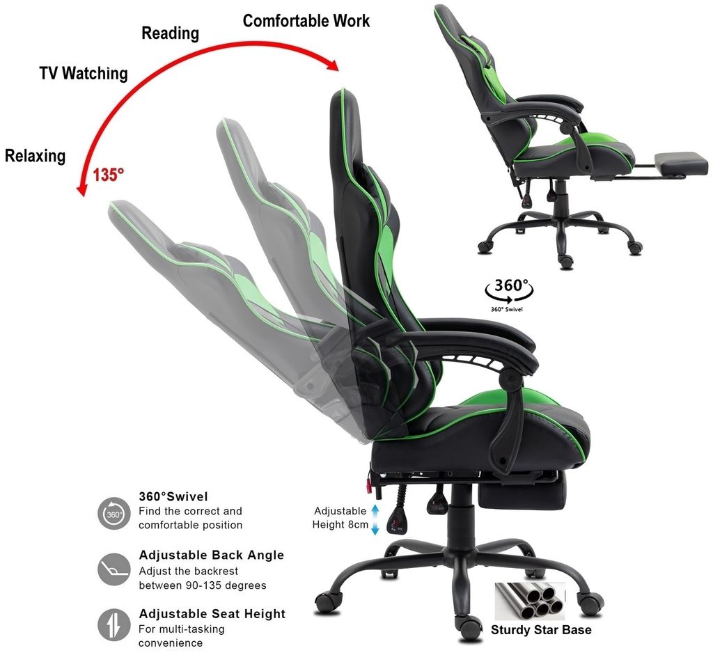 Gamingstuhl, Schreibtischstuhl mit Fußstütze, Bürostuhl mit Kopfstütze und  Lendenkissen, höhenverstellbar, ergonomisch, 90-135° Neigungswinkel