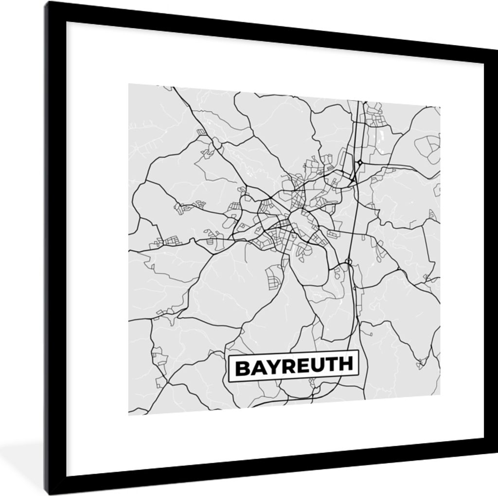 MuchoWow Gerahmtes Poster Karte - Bayreuth- Deutschland - Stadtplan - Karte 40x40 cm - Poster mit Schwarzem Bilderrahmen Wandposter Rahmen Foto B...