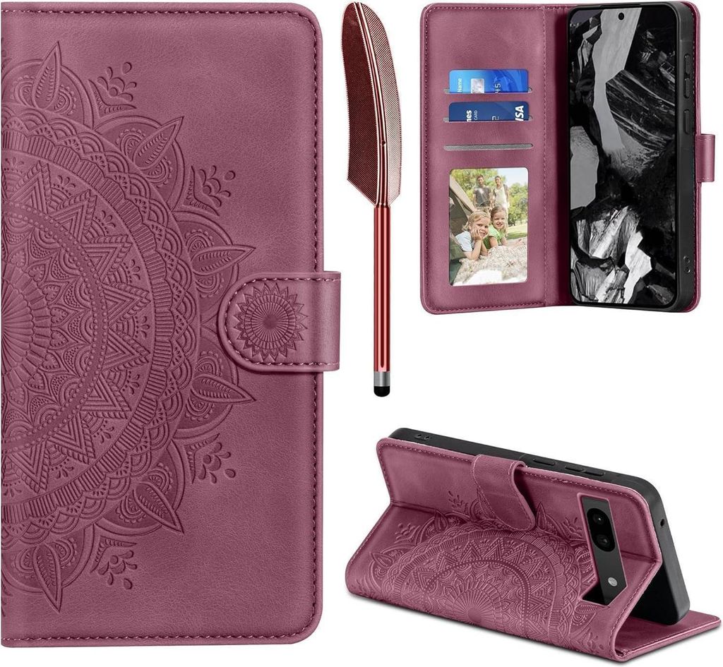 Google Pixel 8A Lederhülle Weinrot Flip Wallet Case Produktbild 
