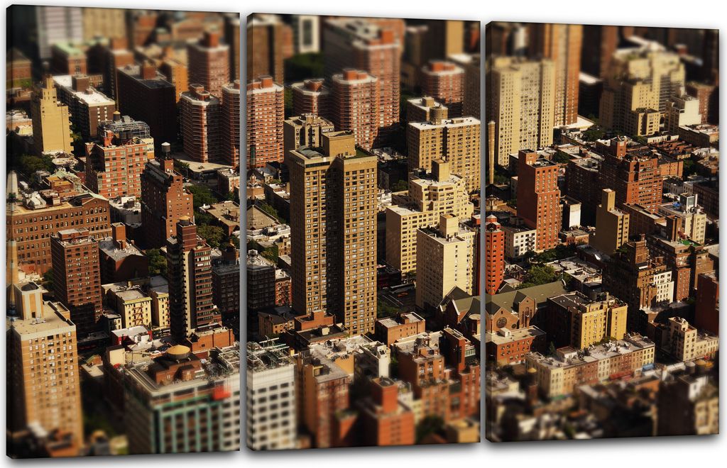 Leinwandbild 3-teilig (120x80cm): New York Brooklyn Skyline rote Backstein-Häuser Gebäude urbane Architektur, echter Holz-Keilrahmen inkl. Aufhä...