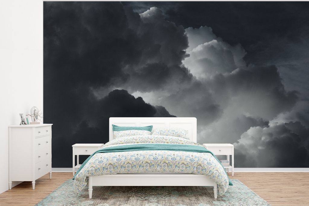 MuchoWow Fototapete für Wohnzimmer oder Schlafzimmer Wandtapete Vinyl Motivtapete Schwarze und weiße Wolken - 400x300 cm - Papiertapeten