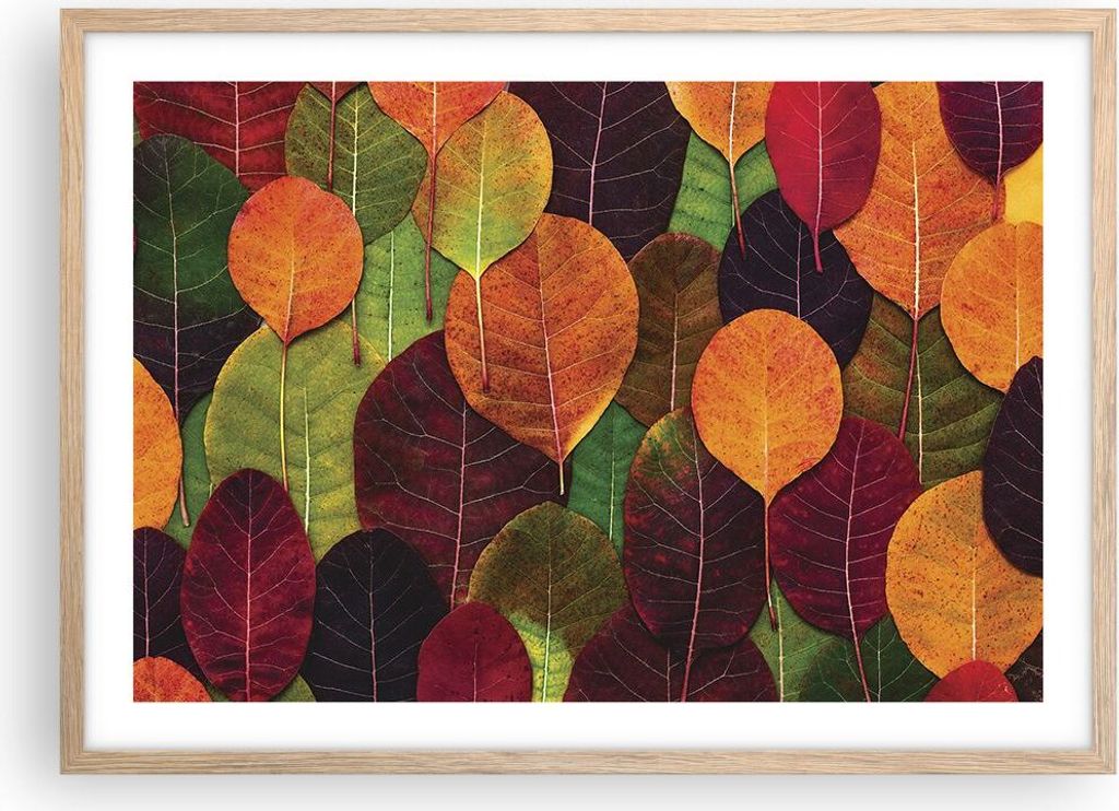 Gerahmtes Poster - Rahmen in heller Eiche - Herbst Blätter Grafiken - 70x50 cm - Wand Bild - Wanddeko - Wandbilder - Kunstposter - Wandposter - Bi...