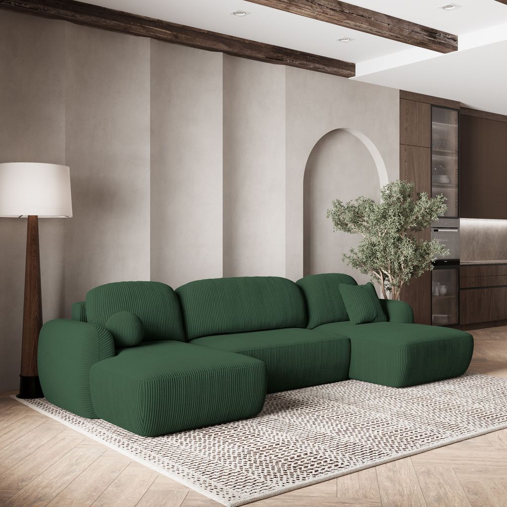 Masseno Ecksofa SAVONA P mit Schlaffunktion U-Form, Sofa mit Bettkasten, Wohnzimmersofa, Couch, Soffa, Bettsofa, Couchgarnitur- Grün, POSO 14