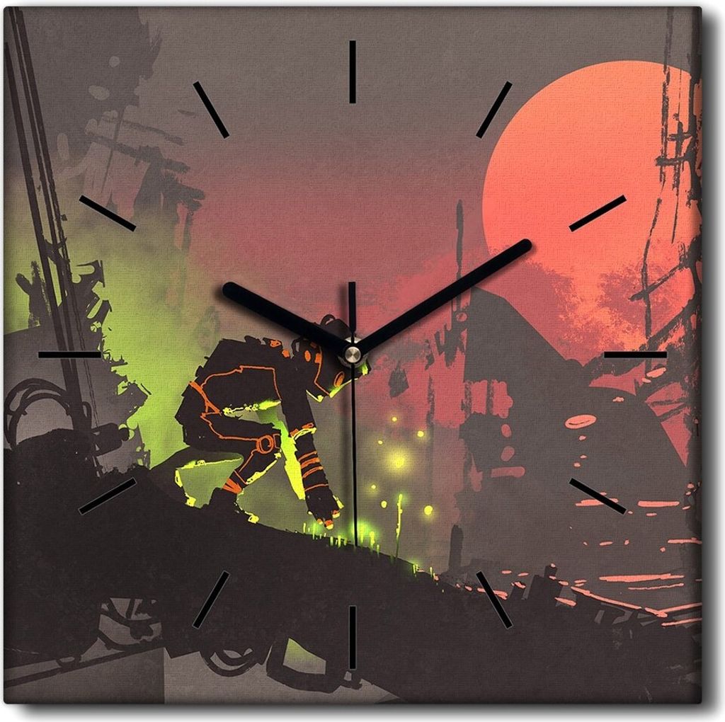 Coloray Uhr auf Leinwand 30x30 cm Wand Uhr Dekoration Wohnzimmer Segeltuch schwarze Hände -Roboter-Ruin-Stadt.
