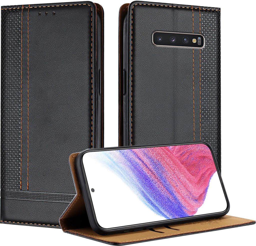 Handyhülle für Samsung Galaxy S10 Plus Leder Flip Klappbare Schutzhülle mit Standfunktion Schwarz
