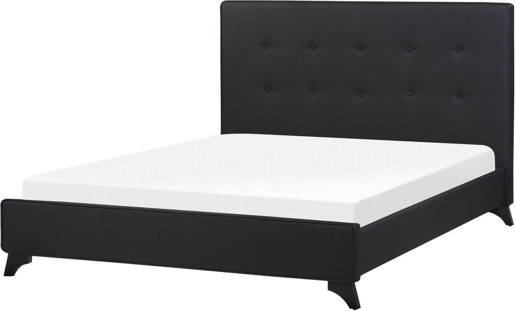 BELIANI Polsterbett Schwarz Stoffbezug Leinenoptik mit Lattenrost 140x200 cm Hohes Kopfteil Gesteppt Holzbeine Modern Schlafzimmer Doppelbett Ehebett