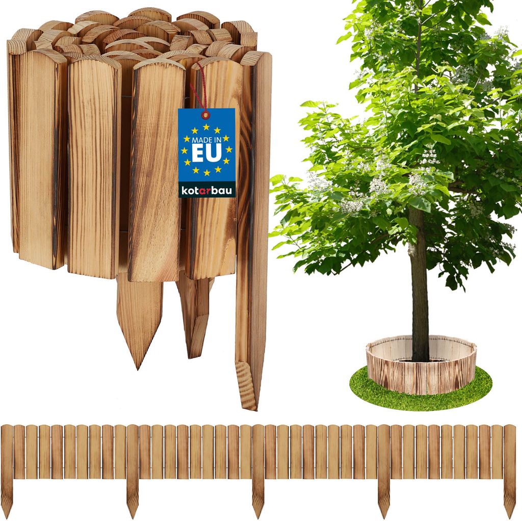 A collage of wooden garden edging products, including a bundle of edging, a tree with edging around its base, and a long section of edging.