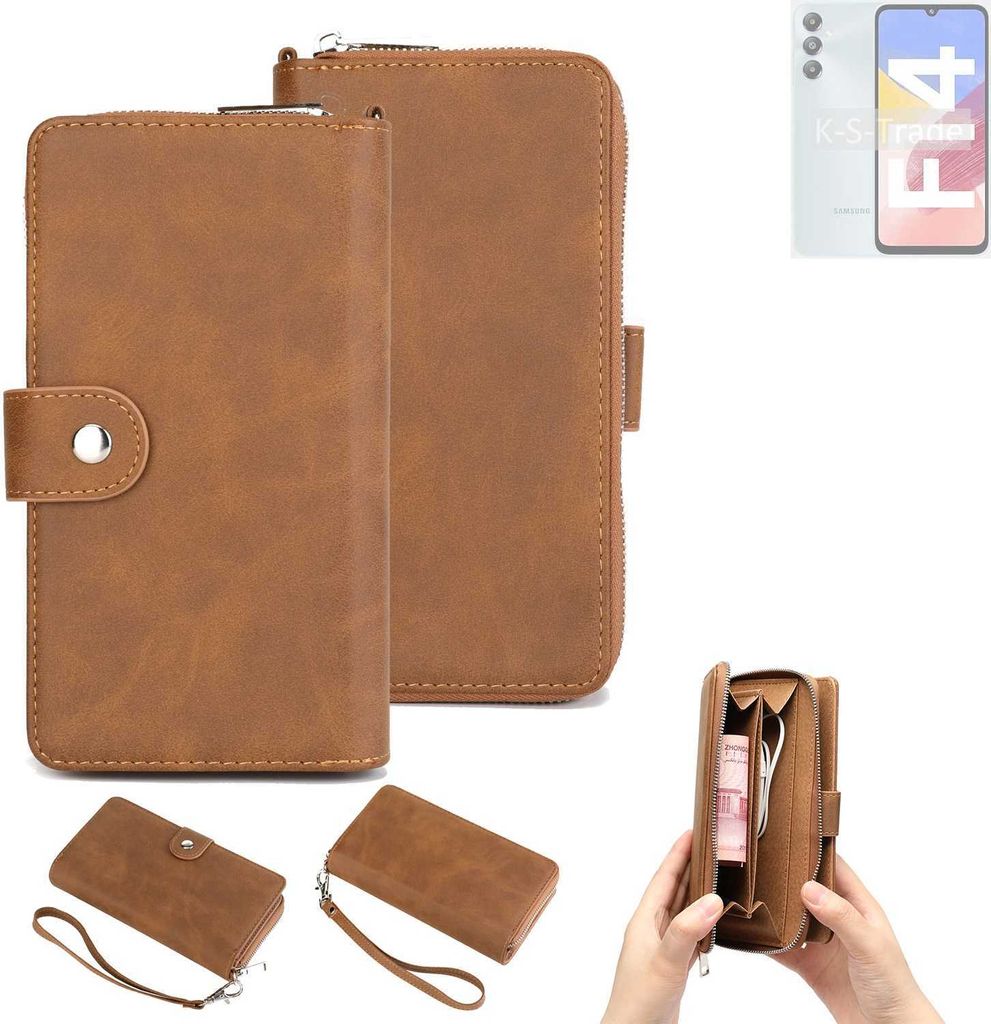 K-S-Trade Handyhülle Schutzhülle kompatibel mit Samsung Galaxy F14 4G & Portemonnee Tasche Handytasche Case Etui Geldbörse Wallet braun (1x)