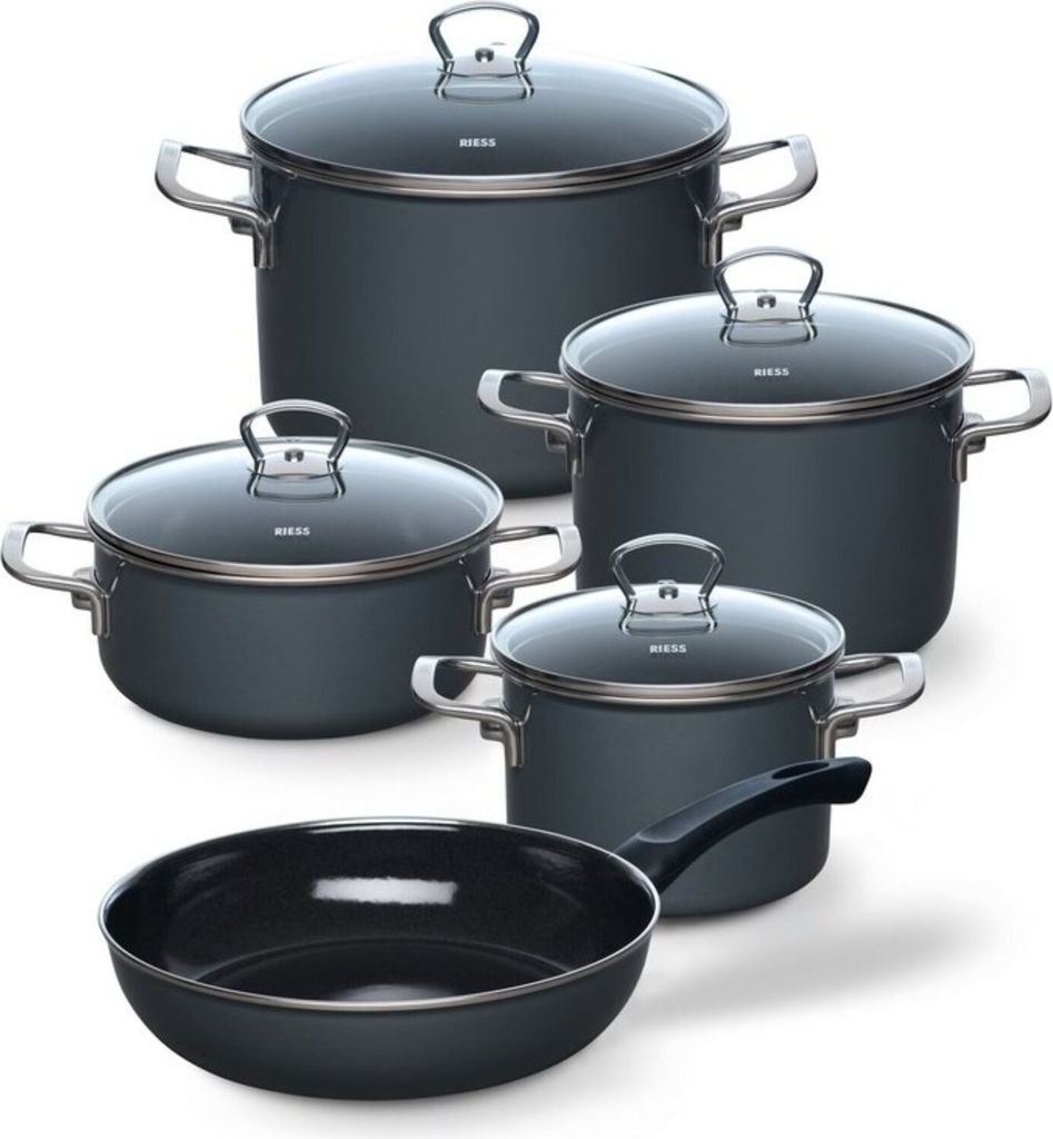 A set of dark grey cookware, including pots with glass lids and a frying pan, arranged on a white background.
