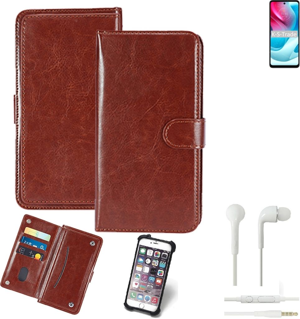 K-S-Trade 360° Hülle kompatibel mit Motorola Moto G60S inkl. Headphones braun Kunstleder Case BookCase WalletCase Kunstlederederhülle Handyhülle,