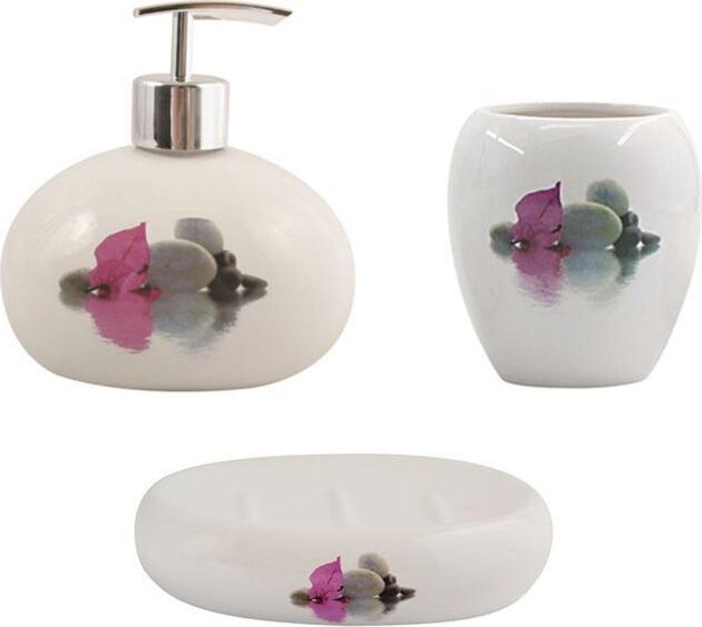 MSV Bad Accessoires Badezimmerzubehörset "Borneo" 3-teilig - Seifenspender, Seifenschale, Zahnputzbecher Weiß