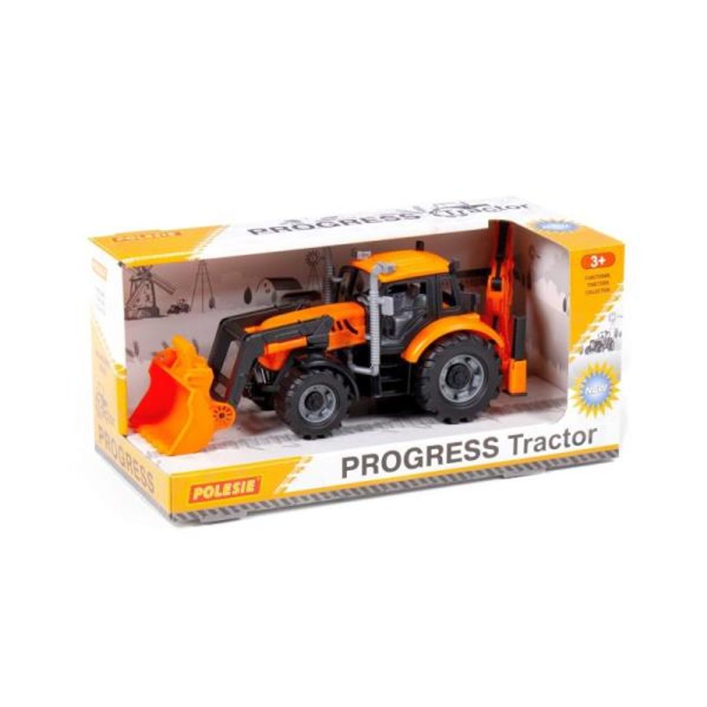 POLESIE Traktor PROGRESS Baggerlader orange – Friktionsantrieb, bewegliche Schaufel und Bagger, für Kinder ab 3 Jahren