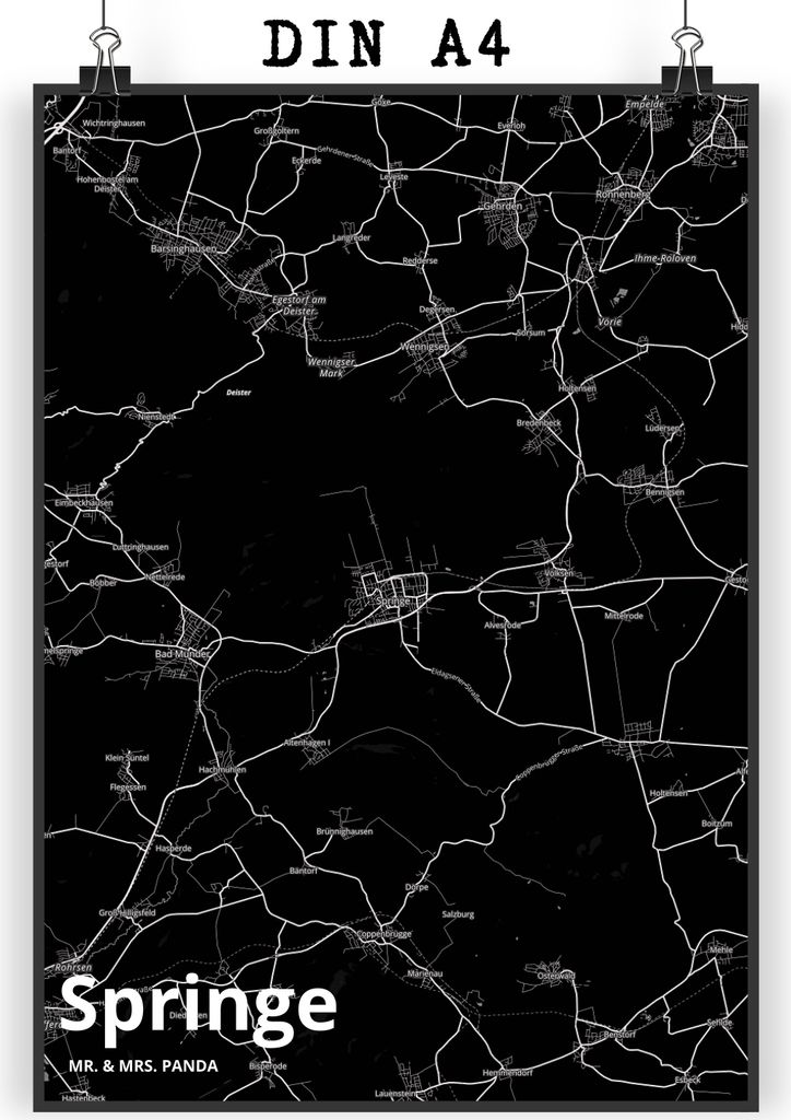 Mr. & Mrs. Panda Bild Springe DIN A4 - Geschenk, Posterdruck, Kunstdruck, Stadt Dorf Karte Landkarte Map Stadtplan, Wandbild, wanddeko, drucke