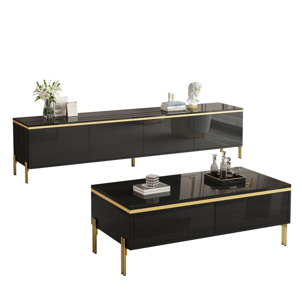 Modernes Luxus-TV-Schrank- und Couchtisch-Set , Hochglänzende Oberfläche in Unifarbe , Goldene Kanten , Großzügiger Stauraum