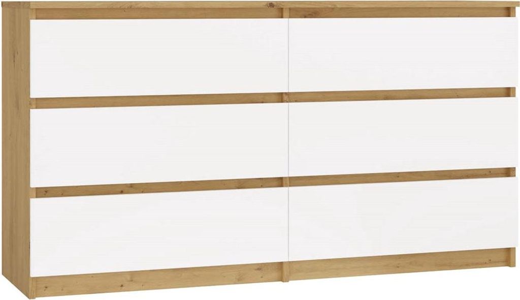 Moderne Kommode mit 6 Schubladen Malwa M6 140 – Traditionelle Eiche & Weiß | Farbe: Eiche/Weiß | Größe: 138x40x75 cm