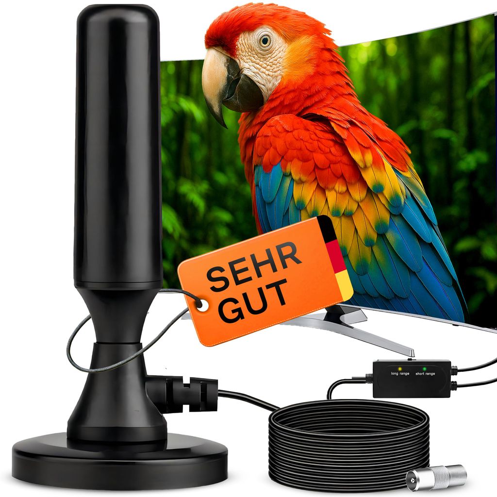 DVB-T2 HD Antenne mit 30 dBi Verstärker Aktive TV Digitale Zimmerantenne, 360° Empfang, Magnetfuß, 5m Kabel, 4K, UHF/VHF, Schwarz, Retoo