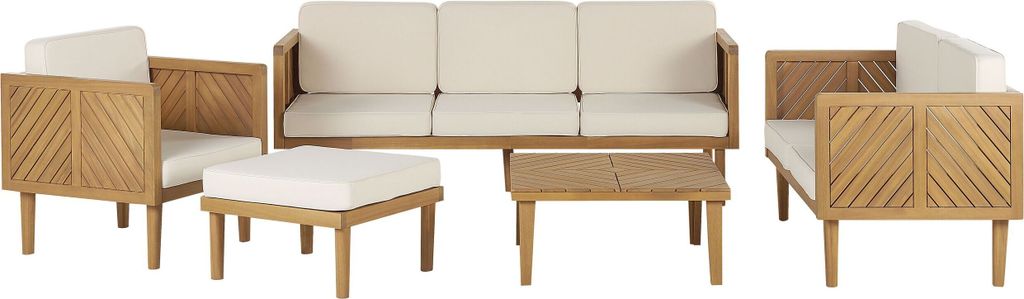 BELIANI Lounge Set Hellbraun Akazienholz 5-teilig für 6 Personen mit Auflagen Beige Stoff Couchtisch Fußhocker 2 Sofas Sessel Outdoor Terrasse Ga...