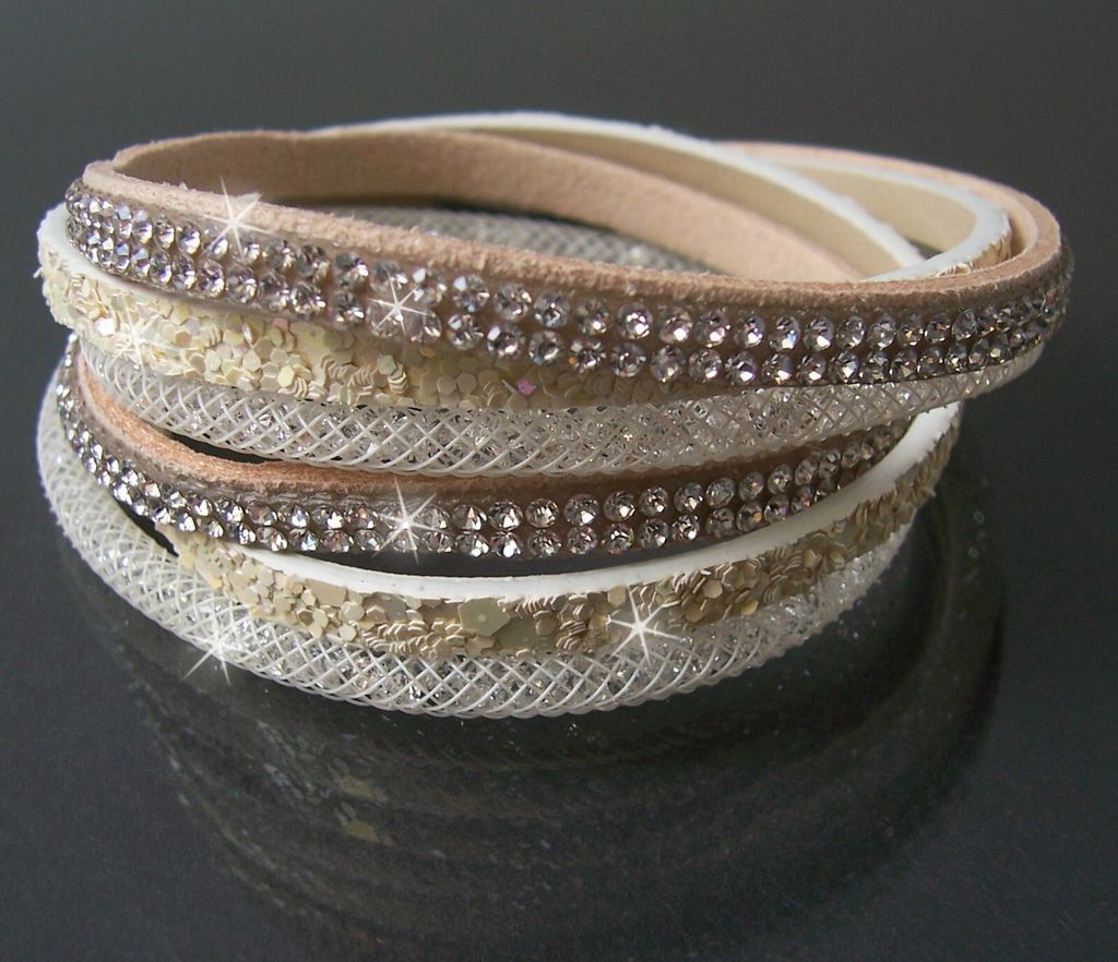 Armband 2-fach Wickelarmband Netzschlauch Leder Glitzer Strass creme A77775