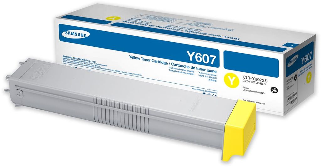 A Samsung yellow toner cartridge and its packaging are shown against a white background.