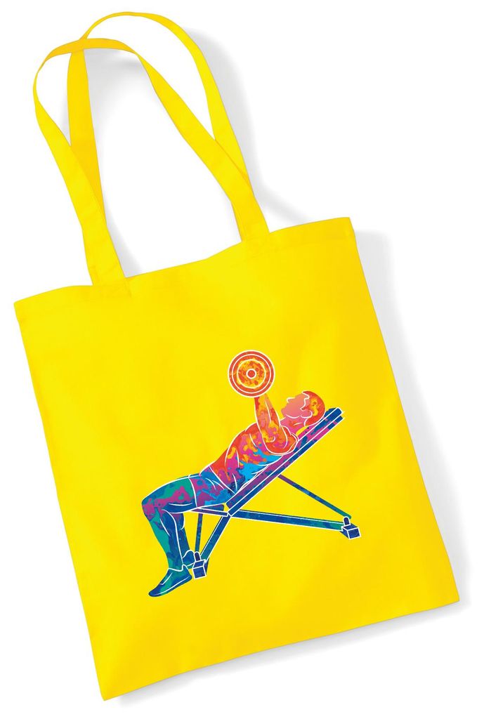 Huuraa Jutebeutel Fitness Training Bench Press bunte Silhouette 10 Liter Yellow Baumwolle Tasche Geschenkidee