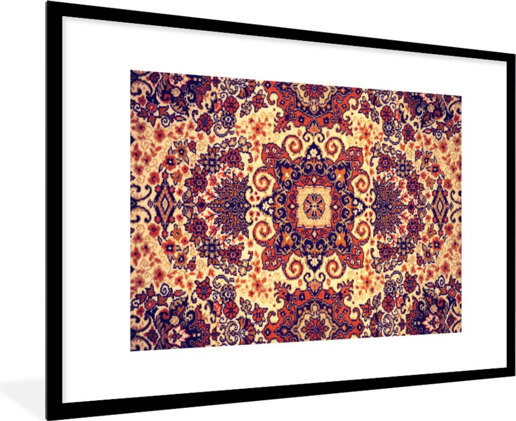 MuchoWow Gerahmtes Poster Teppich - Muster - Mandala - Gelb 90x60 cm - Poster mit Schwarzem Bilderrahmen Wandposter Rahmen Foto Bilder - Wanddeko...